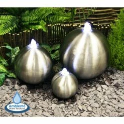 H30cm 3-Sphere Brushed Stainless Steel Water Feature with Lights | Indoor/Outdoor Use by Ambienté