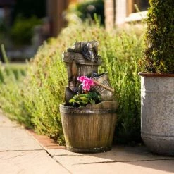 60cm Rustic Tap Bucket And Barrel Tiered Planter Water Feature With Lights By Ambienté -Water Features Shop WF10454 5 718c