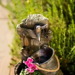 60cm Rustic Tap Bucket And Barrel Tiered Planter Water Feature With Lights By Ambienté -Water Features Shop WF10454 6 6efc