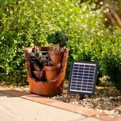 39cm Solar Tiered Potted Falls Cascading Water Feature With Battery Backup and Lights By Solaray