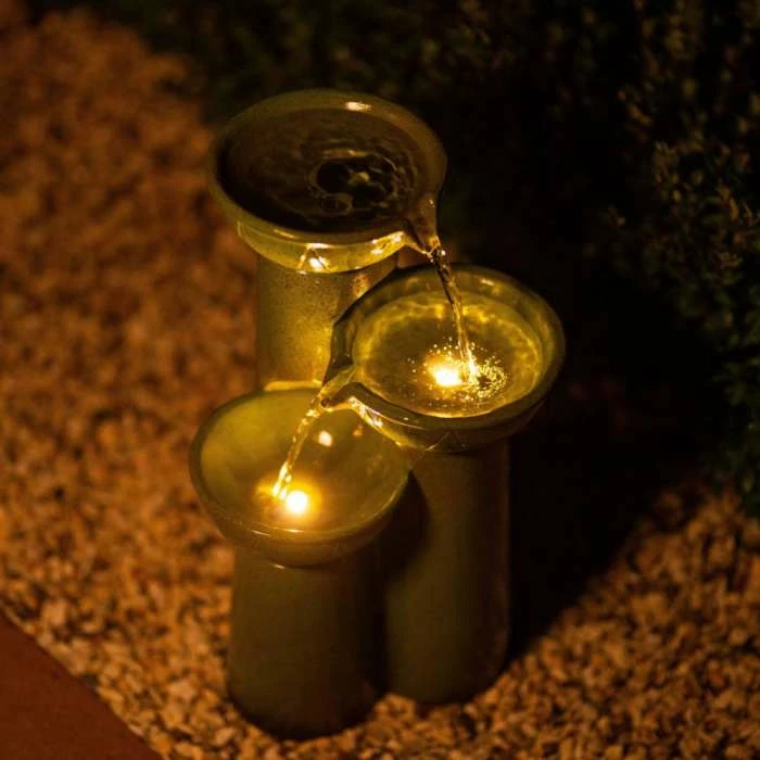 40cm Solar Green Pouring Bowls Tiered Cascading Water Feature With Battery Backup and Lights By Solaray 4 40cm Solar Green Pouring Bowls Tiered Cascading Water Feature With Battery Backup and Lights By Solaray - Image 2