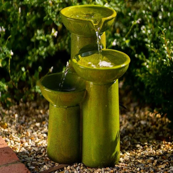 40cm Solar Green Pouring Bowls Tiered Cascading Water Feature With Battery Backup and Lights By Solaray 6 40cm Solar Green Pouring Bowls Tiered Cascading Water Feature With Battery Backup and Lights By Solaray - Image 4