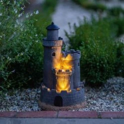 49cm Solar Grey Castle Tiered Cascading Water Feature With Battery Backup and Lights By Solaray -Water Features Shop WF10468 3 be27