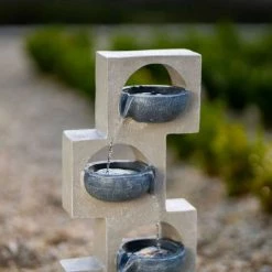 53cm Solar Grey Column Pouring Bowls Tiered Cascading Water Feature With Battery Backup and Lights By Solaray -Water Features Shop WF10469 7 7396