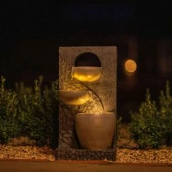 48cm Solar Two Tone Pouring Bowls Tiered Cascading Water Wall Water Feature With Battery Backup and Lights By Solaray -Water Features Shop WF10472 3 75cf