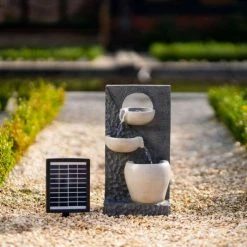 48cm Solar Two Tone Pouring Bowls Tiered Cascading Water Wall Water Feature With Battery Backup and Lights By Solaray -Water Features Shop WF10472 4 963e