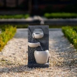 48cm Solar Two Tone Pouring Bowls Tiered Cascading Water Wall Water Feature With Battery Backup and Lights By Solaray -Water Features Shop WF10472 7 4818