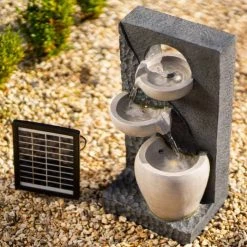 48cm Solar Two Tone Pouring Bowls Tiered Cascading Water Wall Water Feature With Battery Backup and Lights By Solaray