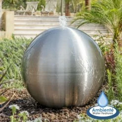 H75cm Brushed Sphere Stainless Steel Water Feature with Lights by Ambienté