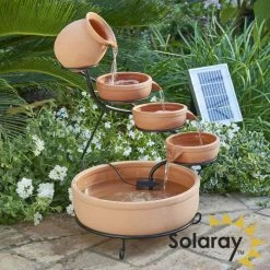H55cm Terracotta Solar Water Feature with Battery Backup and Lights by Solaray